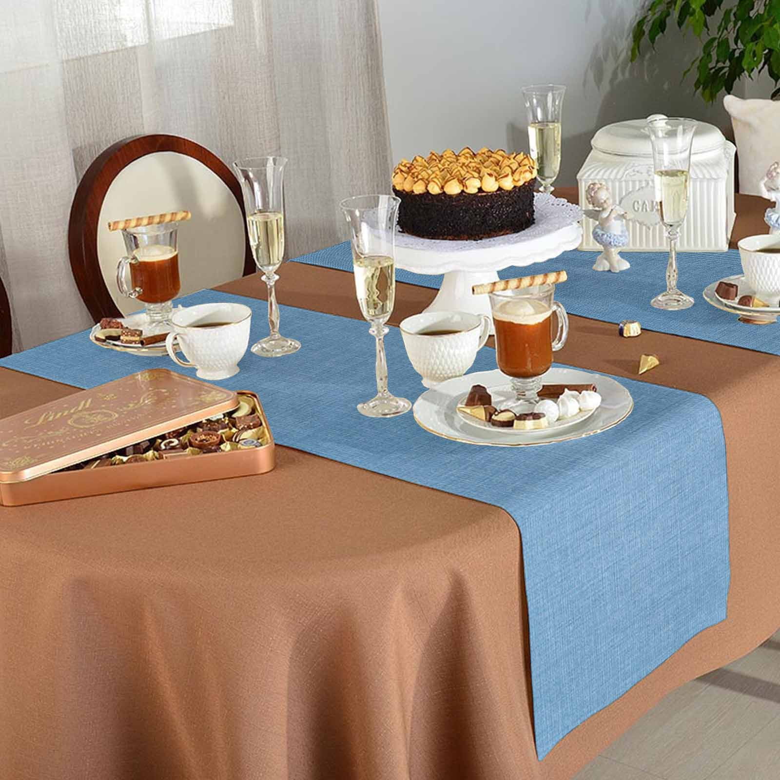 Table Runner 72 Inches Long for Kitchen Dining, Blue Dresser Scarf Farmhouse, Dining Table Decorations for Wedding/Parties, Farmhouse Burlap Solid Blue Color Modern Linen Texture 14 x 72 In