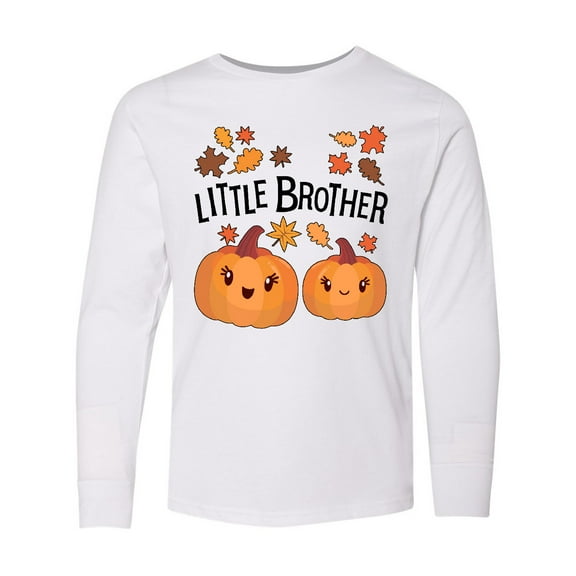 Inktastic Little Brother Pumpkins with Fall Leaves Long Sleeve Youth T-Shirt