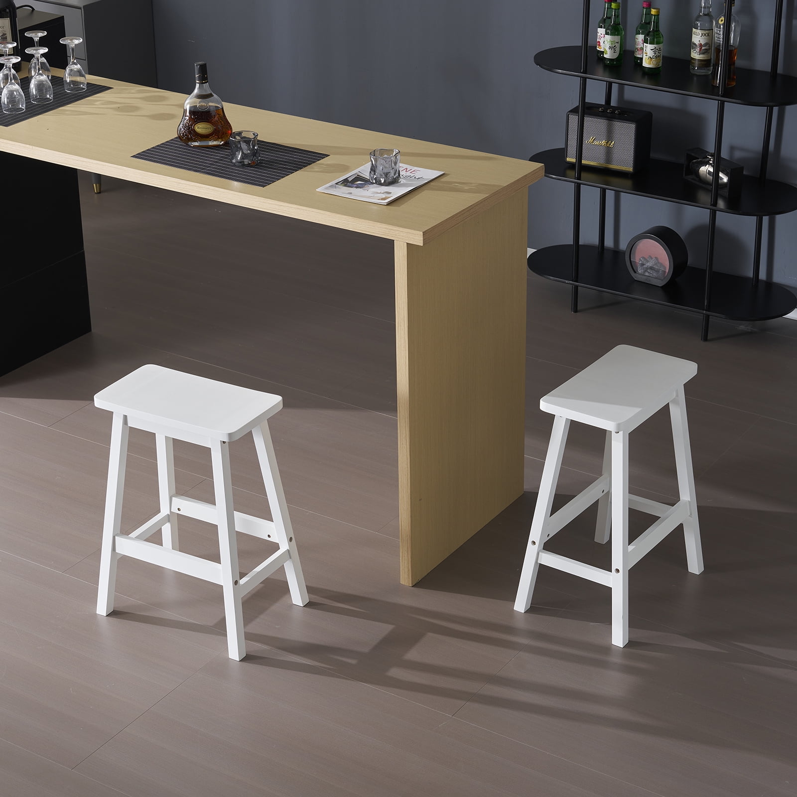 Ktaxon Set of 2 Saddle Seat Bar Stools 24" Wood Dining Room Kitchen Pub Chair, White