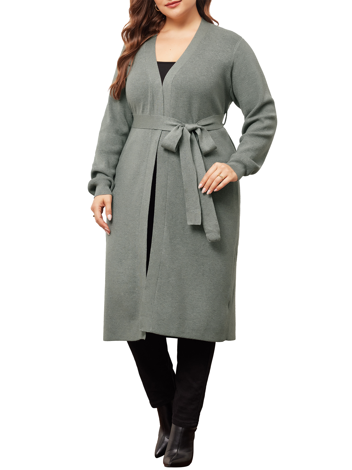 DARING DIVA Plus Size Sweater Knit Long Sleeve Belted Overwear 1X Grey