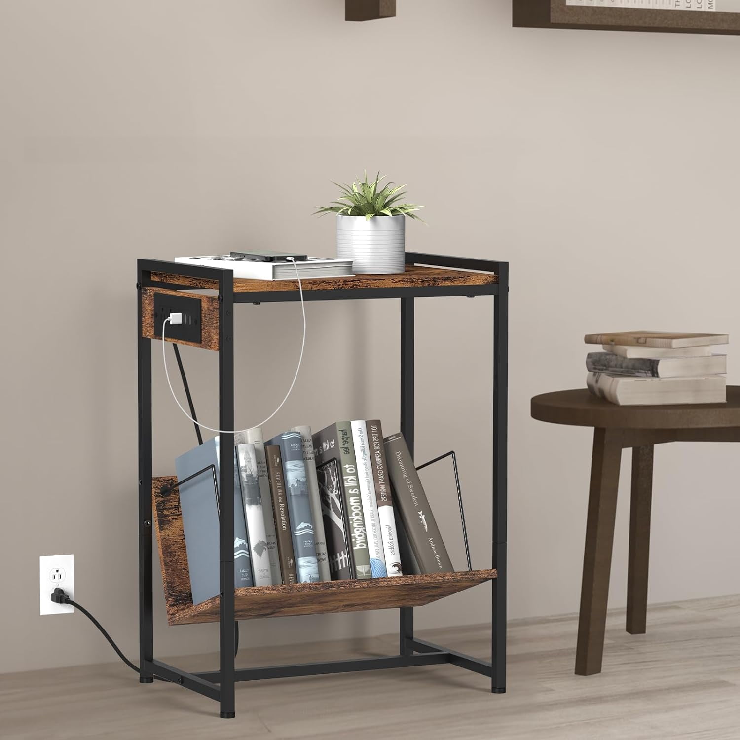 2-Tier End Table Record Player Stand with Charging Station and Vinyl Storage Shelf, Brown