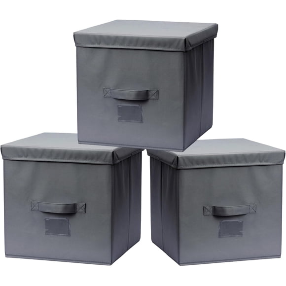 Augfox Ensemble de 3 Cubes de Rangement en Tissu de Lin - Boîte de Rangement Photo Efficace, Bacs de Rangement Kallax pour Garde-Robe, Bureau, Chambre et Chambre de Bébé (Gris Foncé, 32x32x32 cm)
