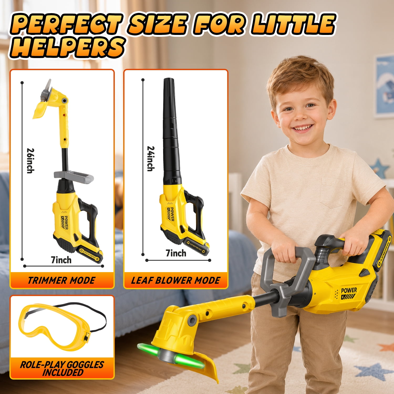 Carsky 2-in-1 Pretend Weed Trimmer and Leaf Blower Combo with Removable Tool Heads, Role-Play Goggles, Sound Effects and Outdoor Yard Work Activity Gift Set