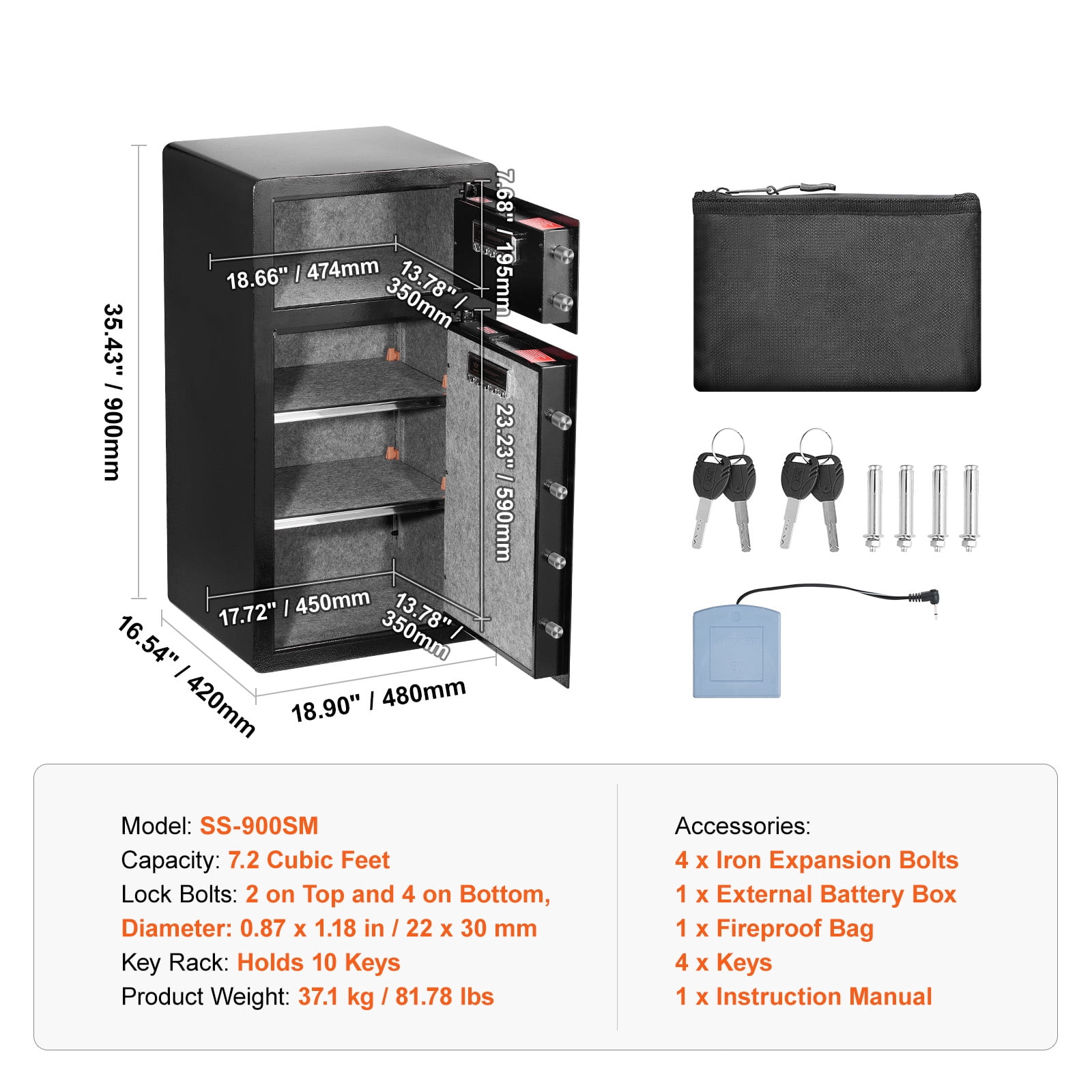 KFFKFF Dual-Entry 7.2 cu.ft Security Safe, featuring Key & Code Access, Fire-Resistant Pouch, Illumination, Key Organizer, plus Adjustable/Removable Shelves for Cash, Papers, Precious Items