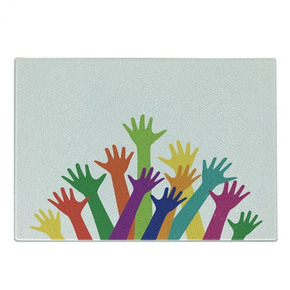 Colorful Cutting Board, Lively Colored Silhouette of Hands Friendship Togetherness Future Themes, Decorative Tempered Glass Cutting and Serving Board, Small Size, Multicolor, by Ambesonne