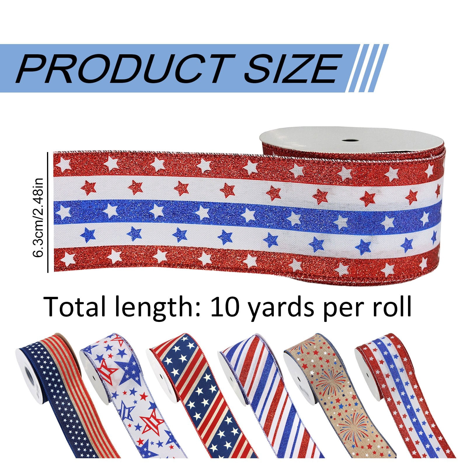 Gnwei 2.5 Inches x 10 Yards Red White Blue Patriotic Glitter Wired Ribbon – Gold Stars and Stripes Design (Striped Star) – 4th of July Ribbons for Holiday Decorations