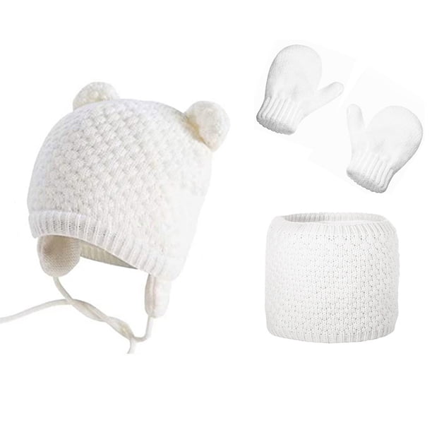 Conjunto de 3 gorros, bufandas y guantes de invierno para bebé, gorro de punto grueso, suave y cálido para niños de 0 a 2 años.
