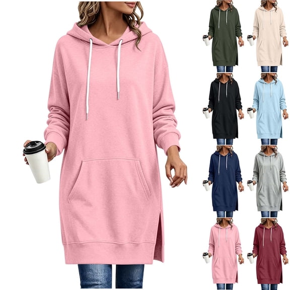Xaqiouau Womens Hooded Sweatshirt Dress Long Sleeve Pullover Hoodie Dress Casual Loose Tunic Dress with Kangaroo Pocket Fall Winter Outfit
