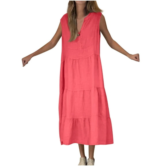 STETMN Women's Cotton Linen Casual Loose Pockets Long Dress Plain Sleeveless Tank Dress