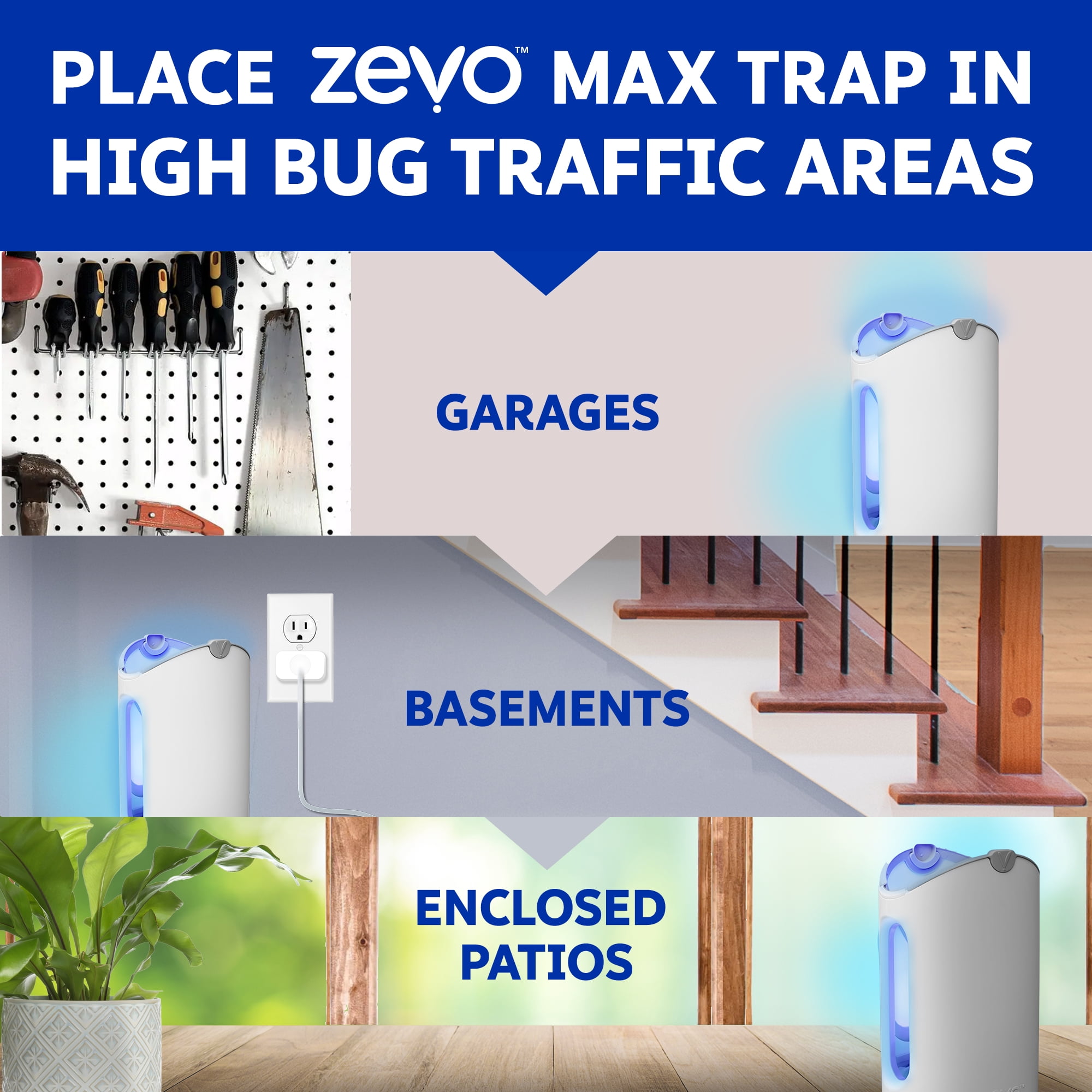 (4 pack) Zevo Max Flying Insect Indoor Fly Trap: Easy, Mess-Free Solution - Light Trap Catches & Kills House Flies, Fruit Flies, Gnats, & More (1 Plug in Device & 2 Cartridges)