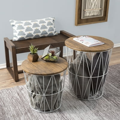 Buy Nesting End Tables With Storage Set Of 2 Convertible Round Metal Basket Veneer Wood Top Accent Side Tables For Home And Office By Lavish Home White Online In Kazakhstan 784260771