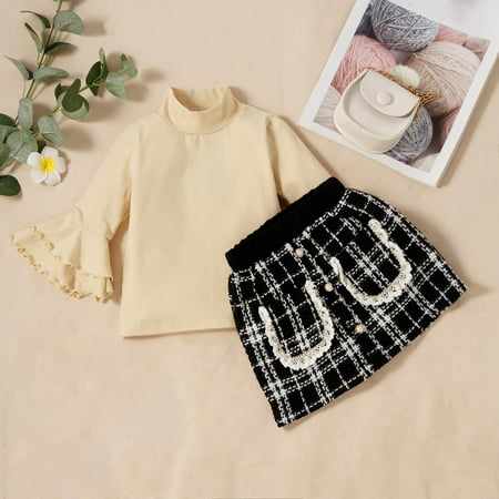 

CHGBMOK Clearance Toddler Girls Autumn Winter Long Sleeve Solid Color Turtleneck Flare Sleeve Plaid Short Skirt Kids Set