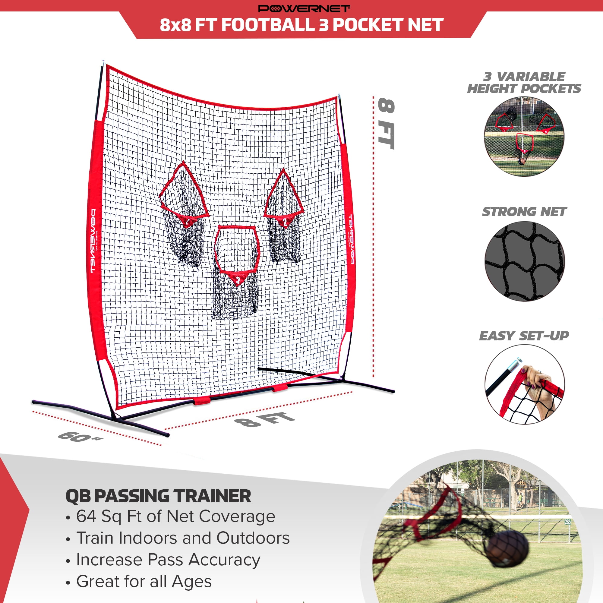 PowerNet 8x8 Ft Football 3 Pocket Net | Improve Throwing Passing Accuracy |  Durable Training Equipment for Everyday Quarterback Use