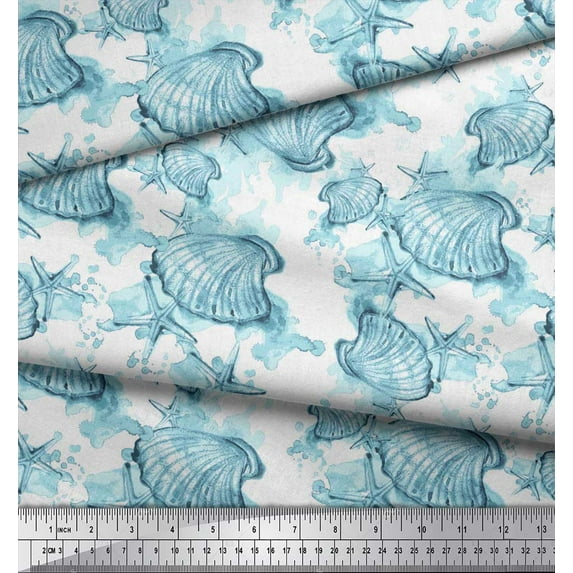 Soimoi Blue Cotton Voile Fabric Shell & Starfish Ocean Printed Craft Fabric by the Yard 56 Inch Wide