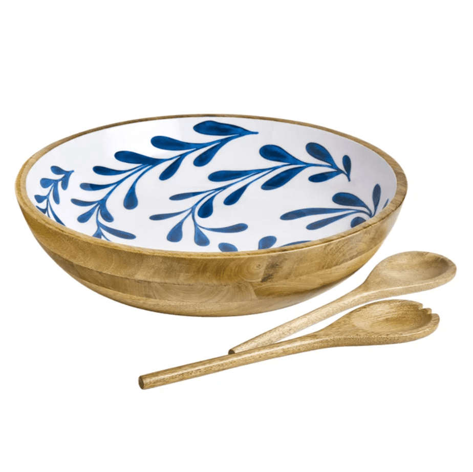 Maison Neuve Enamelled Mango Wood Salad Bowl & Servers, 44 cm (17.3 in.)