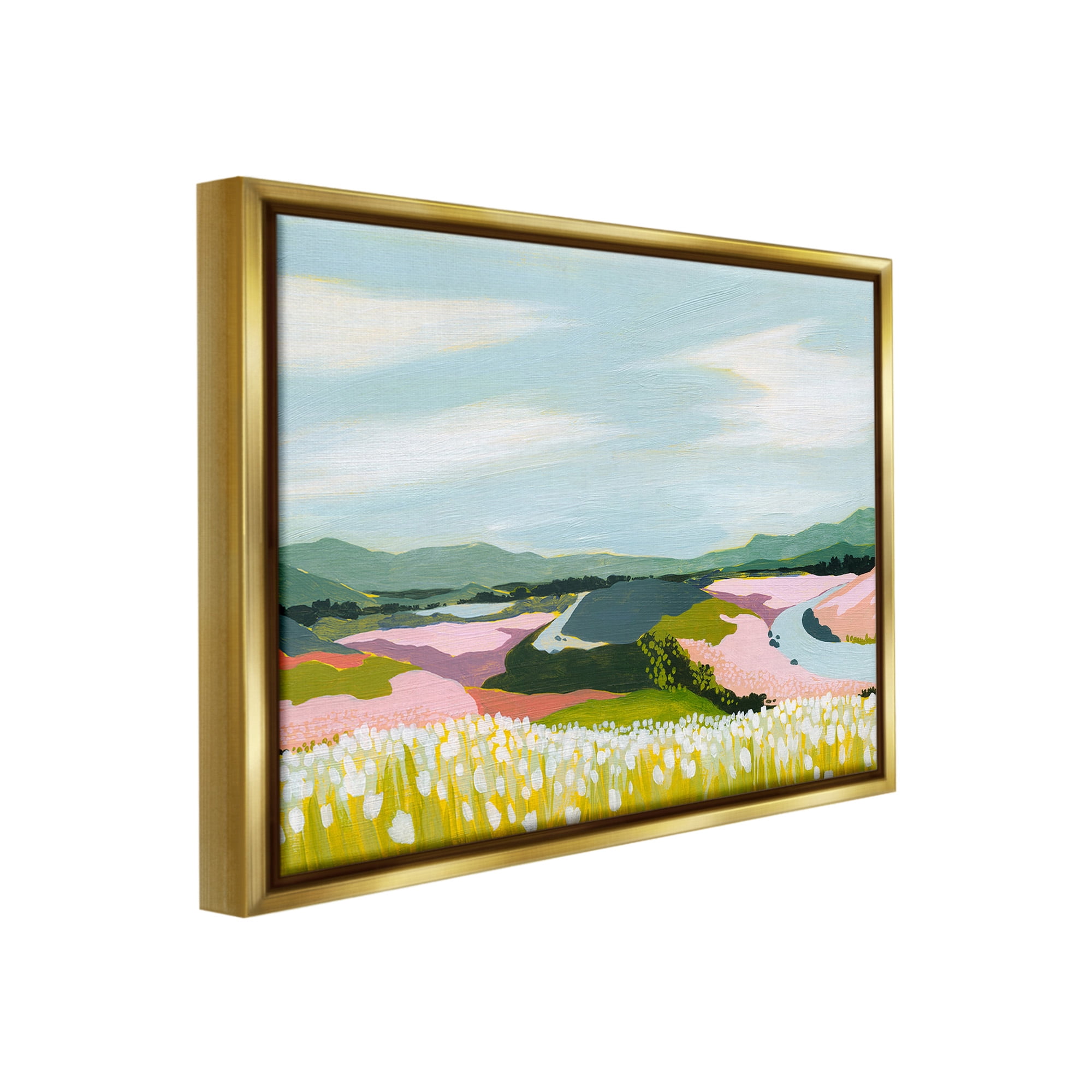 Stupell Industries Modern Mountain Stream Landscape Painting Gold Floater Framed Canvas Art Print Wall Art, 31 x 25