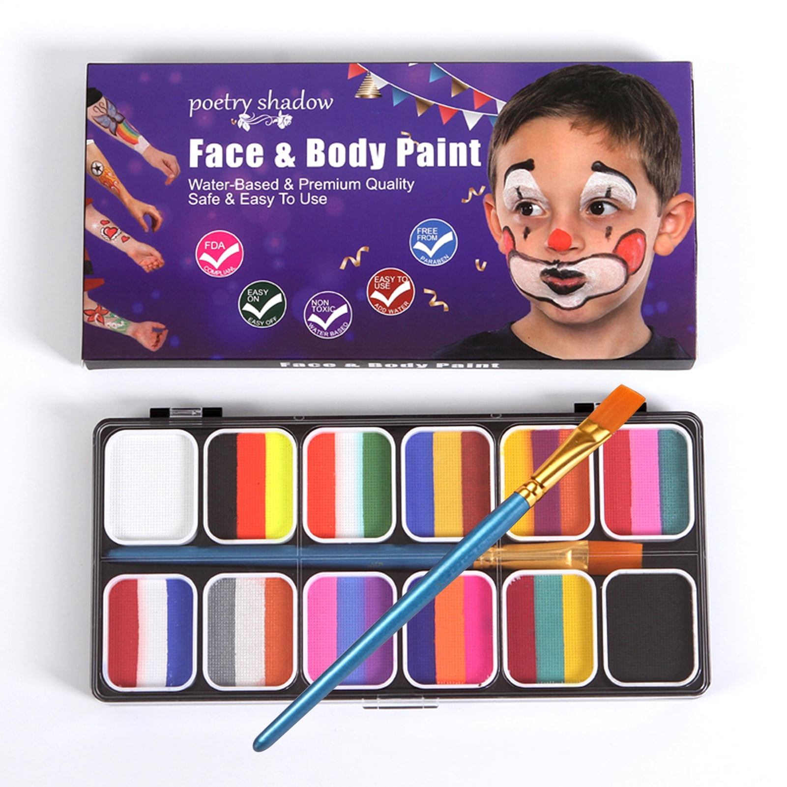 BVENDANO Professional Face Paint Makeup Split Cake Palette 12 × 10gm Water  Actived, Non-Toxic One Stroke Rainbow Body & Face Painting Kit with 5