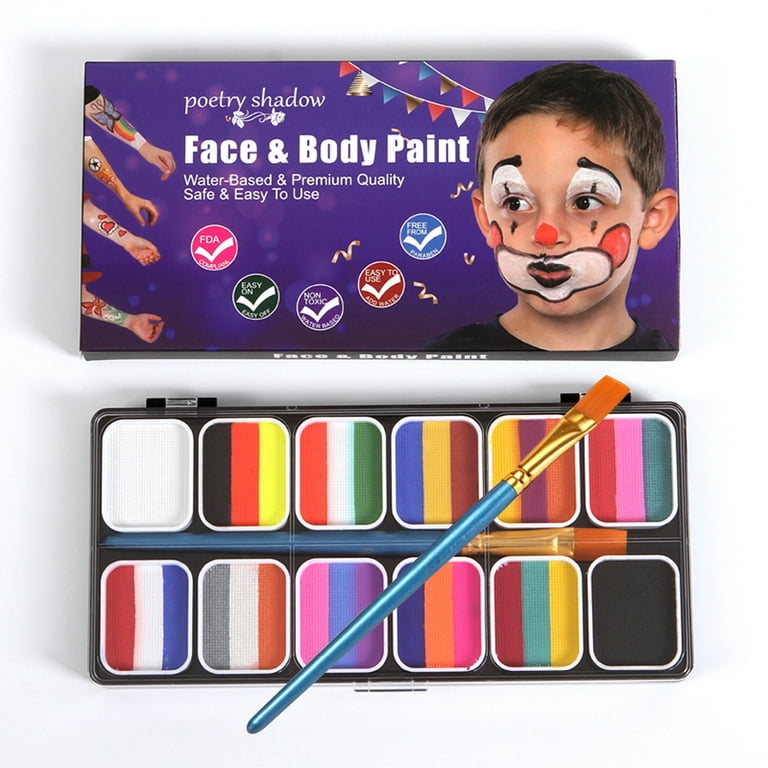 Professional Face & Body Painting Kit 12 Colors Rainbow Water Activated  Paints Split Cakes Palette Makeup Facepaints with Brush & Hypoallergenic  for Costume Party Festival Art Supplies 