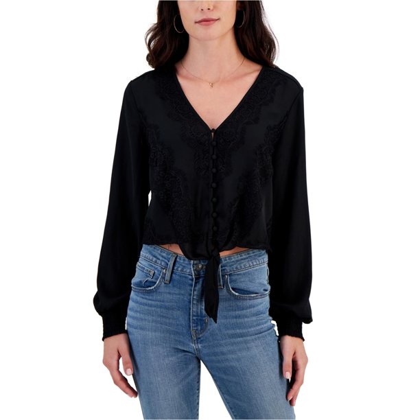 Self E Womens Lace Trimmed V Neck Peasant Blouse, black, Juniors, L