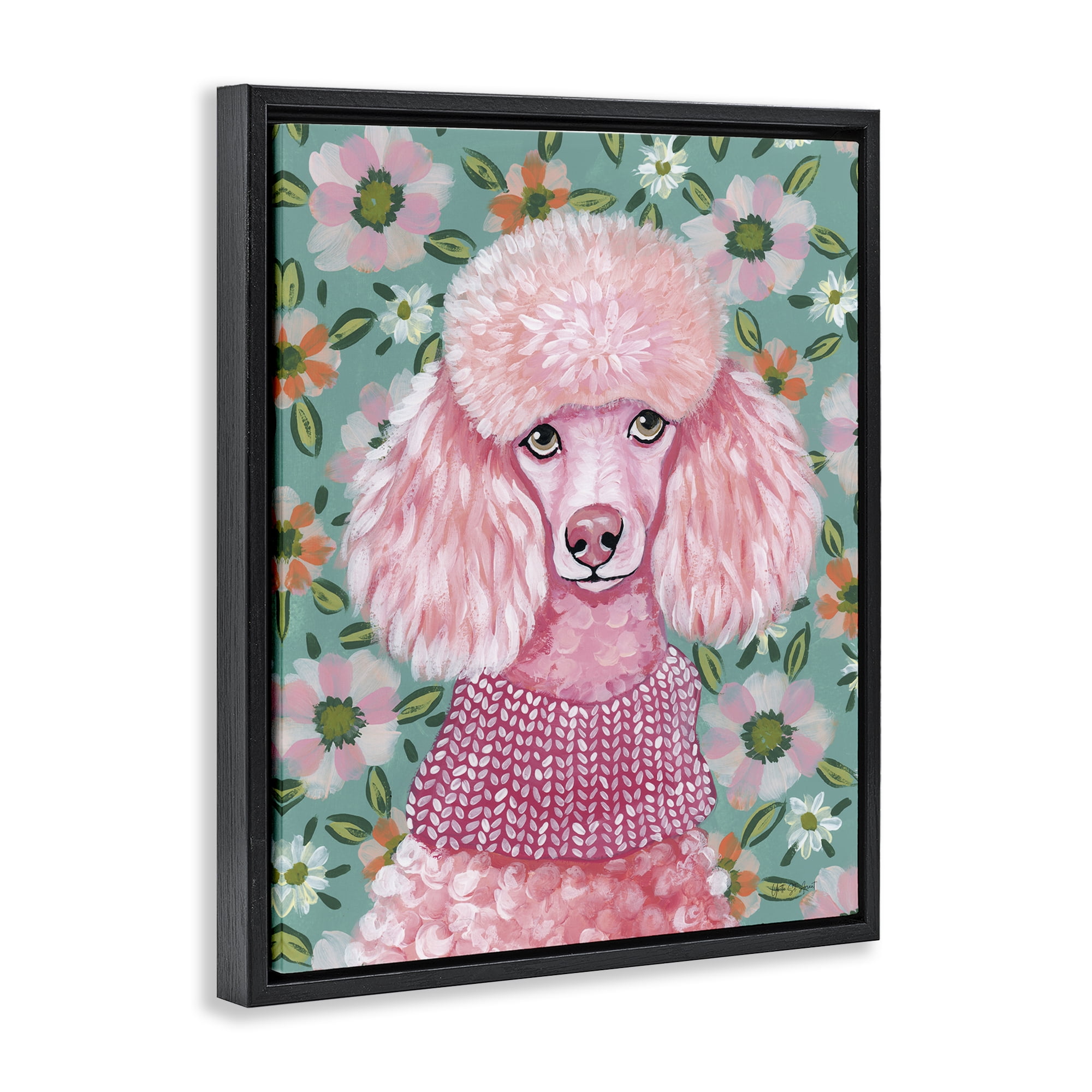 Stupell Industries Floral Poodle In Pink Black Framed Floater Canvas Wall Art, design by Yvette St. Amant