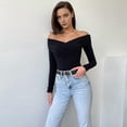 thumbnail image 5 of Women Off the Shoulder Long Sleeve Bodysuit One Lined Thong Bodysuit Black S, 5 of 9