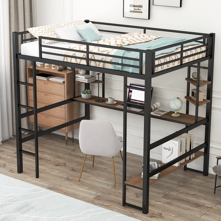 Euroco Full Size Metal Loft Bed With Black MDF Study Desk