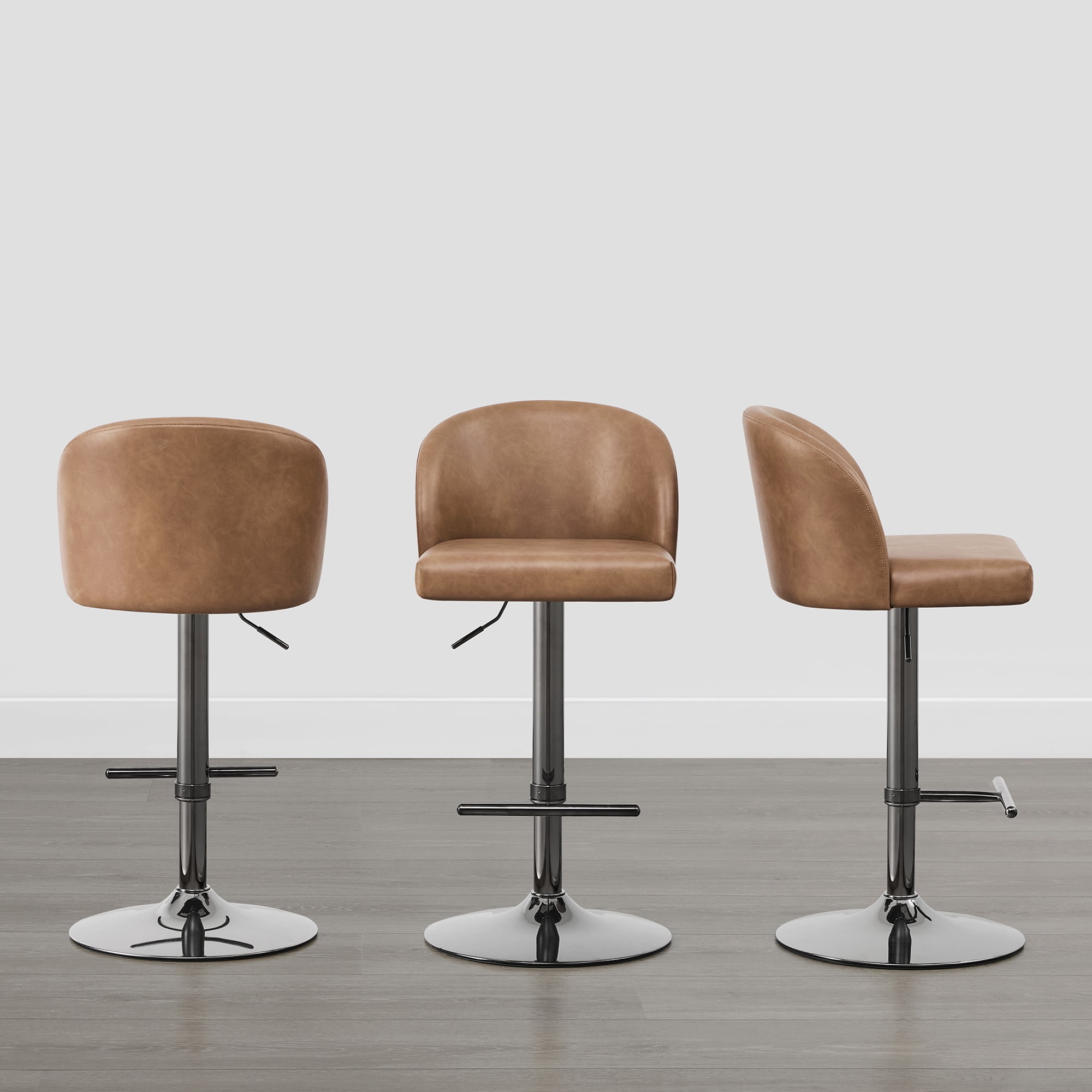 Spruce & Spring Modern Adjustable Swivel Bar Stool with Air-Lift Set of 3, Cognac with Sleek Black Frame
