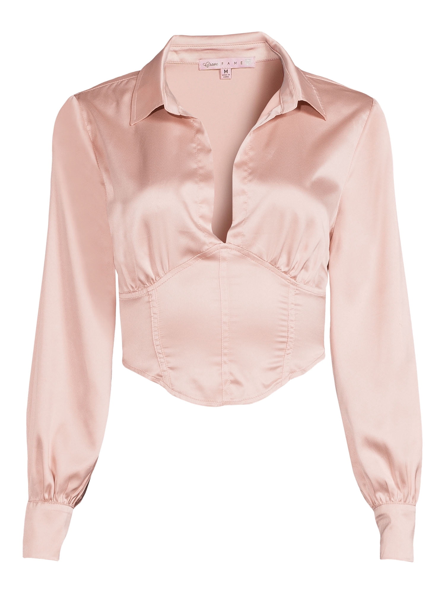 Crave Fame Women's Junior’ Long Sleeve Open Collared Corset Top