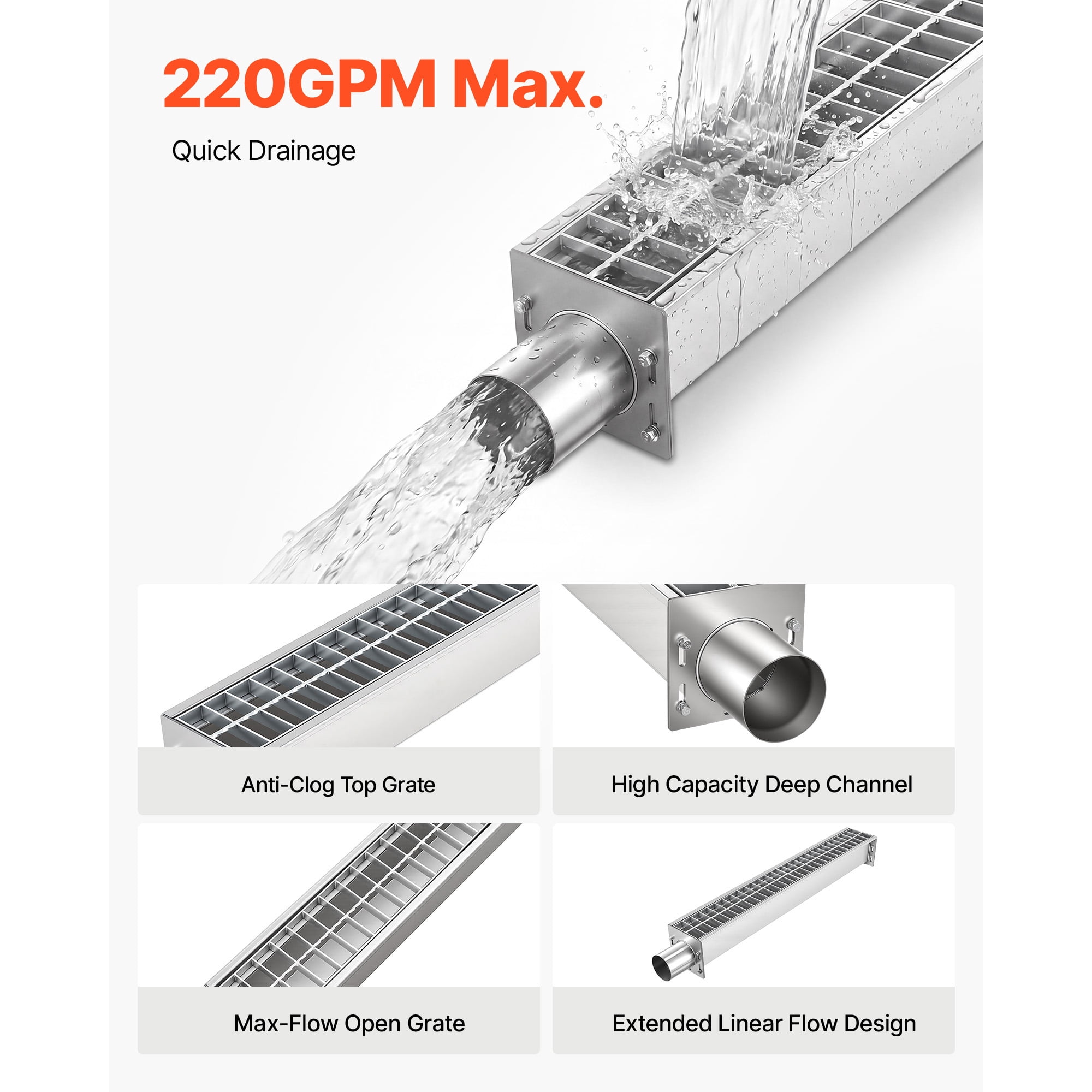 KFFKFF Trench Drain, 43.3 x 5.8 x 5.5 in, Linear Drainage Channel with Carbon Steel Grate, 304 Stainless Steel Channel, Durable Outdoor Drainage Solution for Driveway, Patio, Pool, Garden, Silver