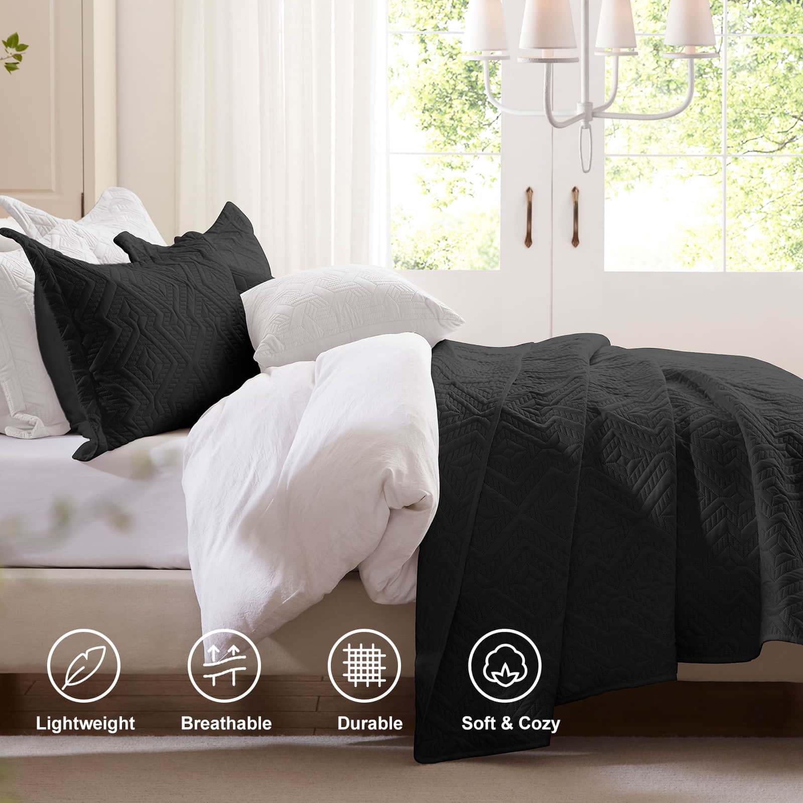 Quilt Set King Size 3 Pieces, Lightweight Black Bedspread-98''x106'', Soft Microfiber Summer Quilt/Coverlet,Luxurious Warm Bedding Sets for All Seasons (Includes 1 Quilt, 2 Shams)