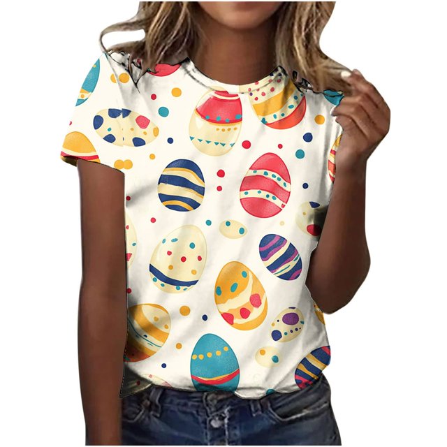 Pisexur Hauts pour Femmes Blouses Décontractées Élégantes Imprimé de Pâques Manches Courtes Col Rond, Grande Taille Multicolore,L