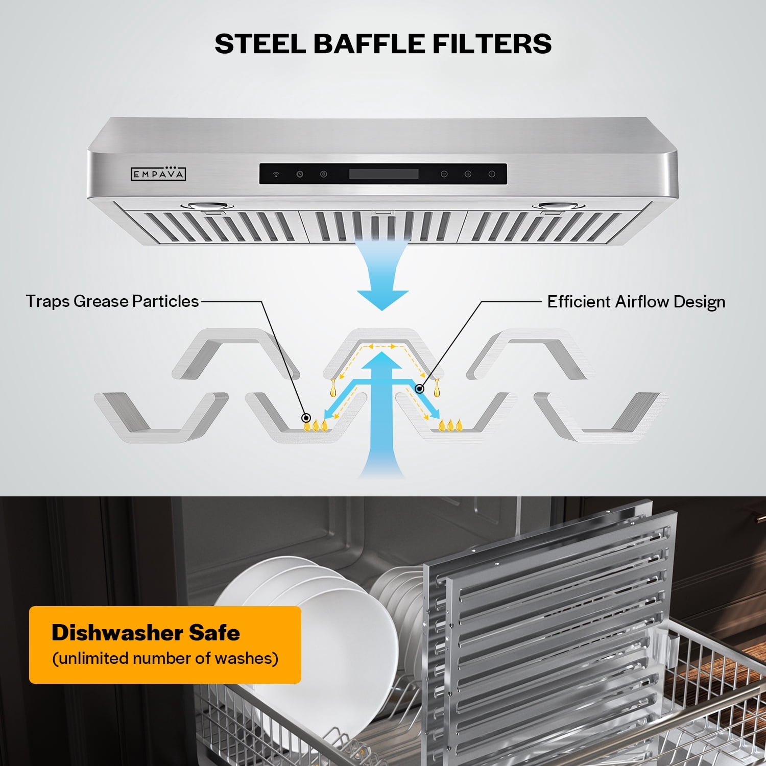 Empava 30 In. 500 CFM Ducted Under Cabinet Range Hood with Soft Touch Controls