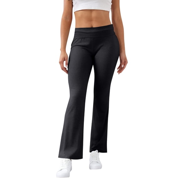 longantii Wide Leg Sweatpants for Women Fold-Over Flare Leggings Stretch Slim Bootleg Yoga Pants Gym Outdoor Pants Black L