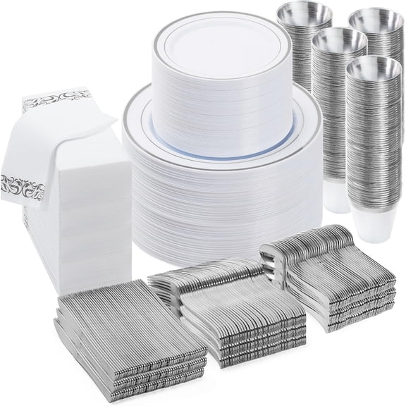 700 PCS Silver Dinnerware Set for 100 Guests, Plastic Dinnerware Set for Party, Wedding, Christmas, Include: 200 Plastic Plates, 100 Silver Silverware, 100 Cups, 100 Paper Napkins