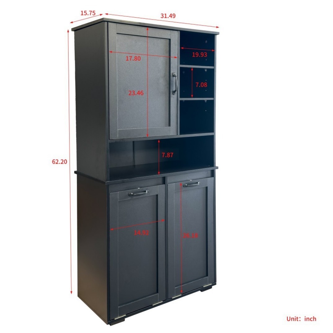 Laundry Cabinet with 2 Tilt-Out Hampers, 4-Tier Open Shelves, Adjustable Shelves and Doors, Freestanding Storage Organizer, Black