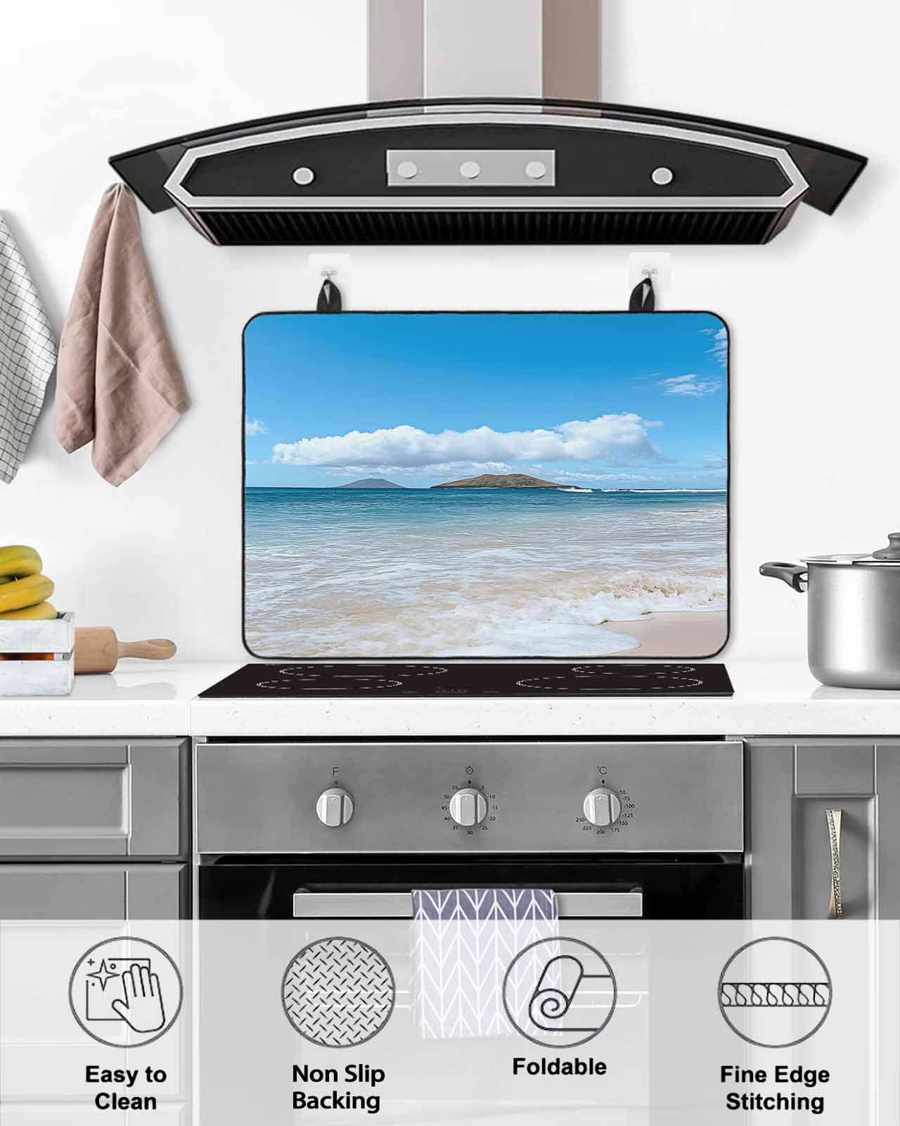 nqOlkjepod Large Induction Cooktop Protector Mat 24"x21", Beach Stove Top Covers for Electric Stove, Summer Ocean Blue Sky Sand Waves Modern Style Stove Burner Cover Mats, Glass Top Stove Cover
