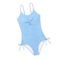 thumbnail image 5 of FINALGANG Girls Kids Textured Solid Color One Piece Swimsuit With Twist Front Detail Ruched Side Tie Spaghetti Strap Bathing Suit For Summer Beach Vacation 7-8 Years Light Blue, 5 of 6