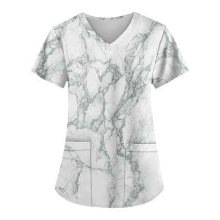 

EHTMSAK Scrubs Tops for Women Sale Floral with Pocket Short Sleeve V-Neck Tops Working Uniform Cartoon Print Blouse Light Gray 5X