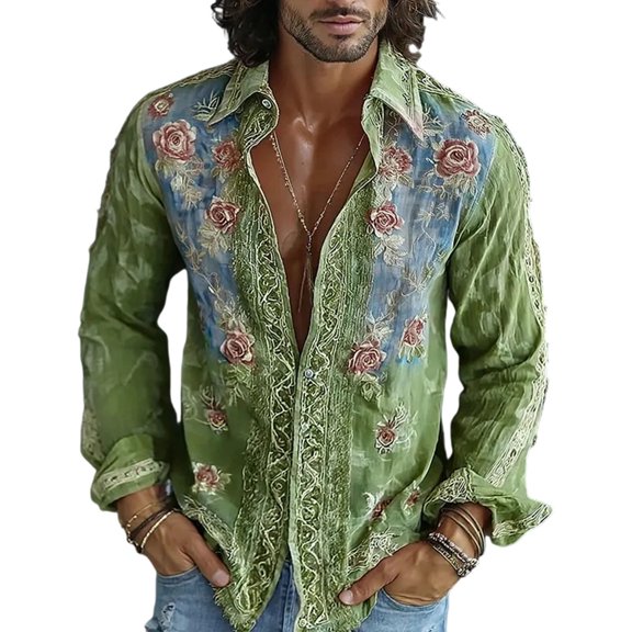 Mens Boho Hawaiian Hippie Patterned Shirt Retro Casual Button Down Top Vacation Holiday Resort Outfit Blouse