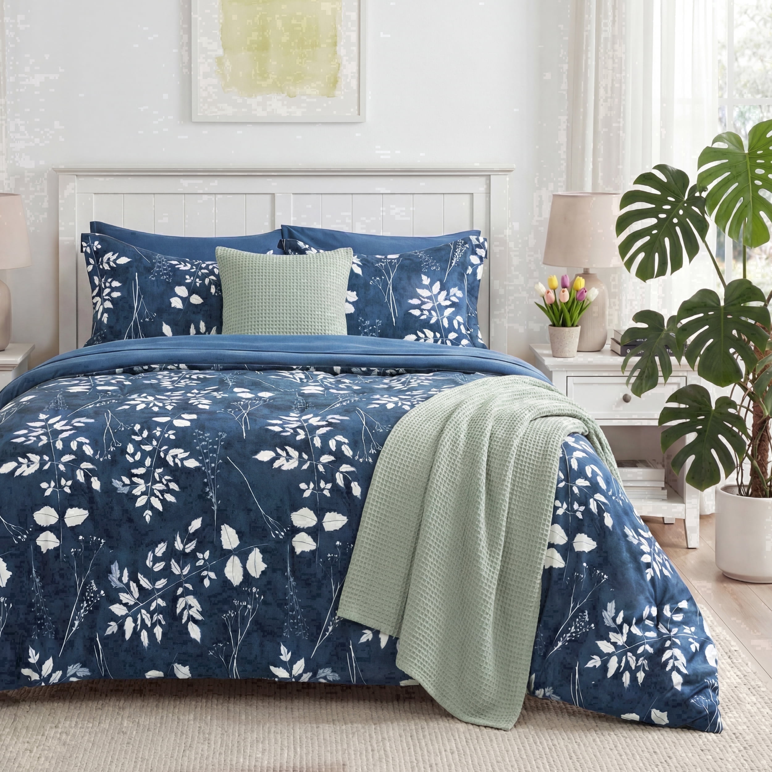 U by Bedsure Queen Comforter Set Navy, Bed in a Bag Queen Size Bedding, 7-Pieces Botanical Flowers Spring Comforter, Sheets, Pillowcases & Shams