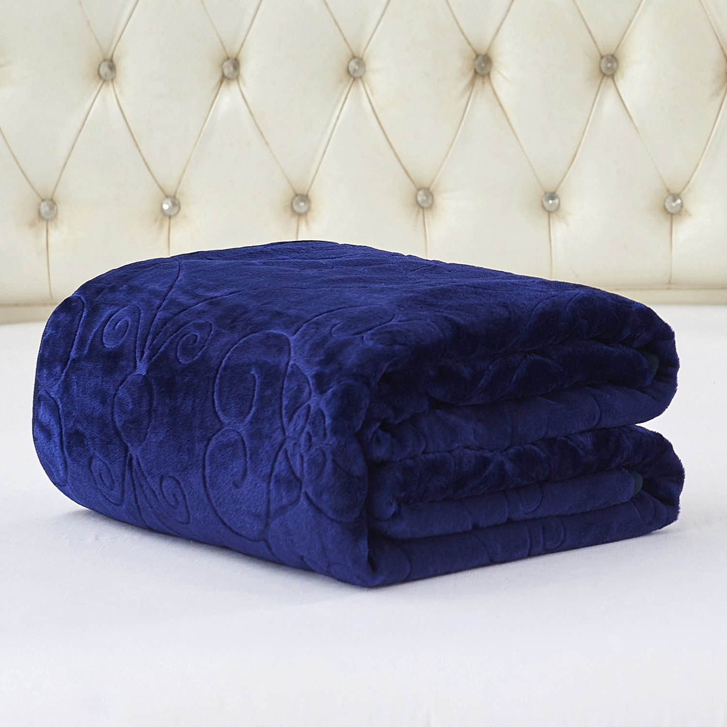 NC Plush Fleece Blanket For Bed,Lightweight Soft Embossed Navy Floral Blanket,Queen 75"x91"
