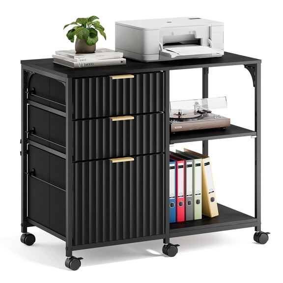 3 Drawer Mobile File Cabinet Printer Stand, Fluted Filing Cabinet with Open Storage Shelves Adjustable, Rolling Lateral Fabric Filing Cabinet for Home Office, Fits Letter Size, Black