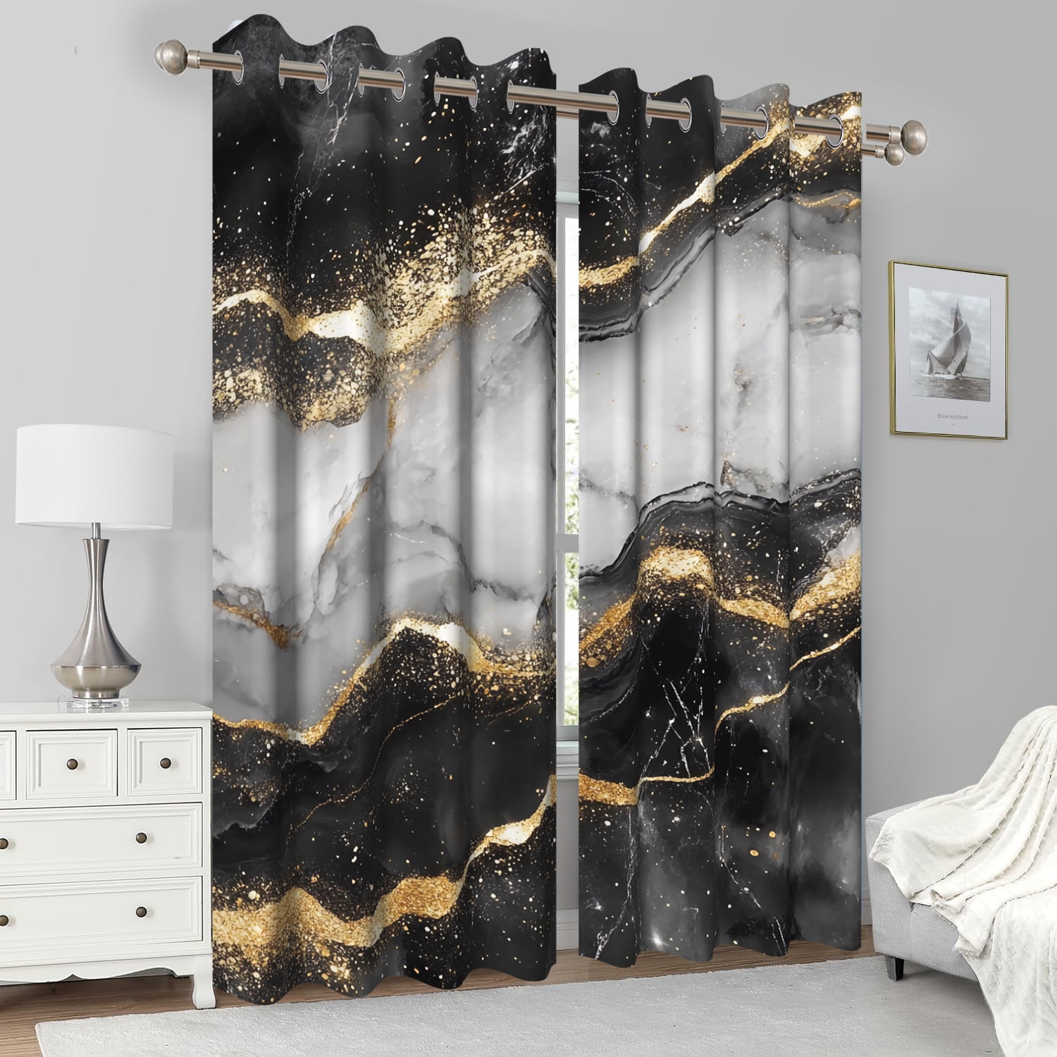 2 Panels Black Gold Marble Blackout Curtain for Bedroom,Luxury Grommet Window Drapes for Living Room,52x84 Inch