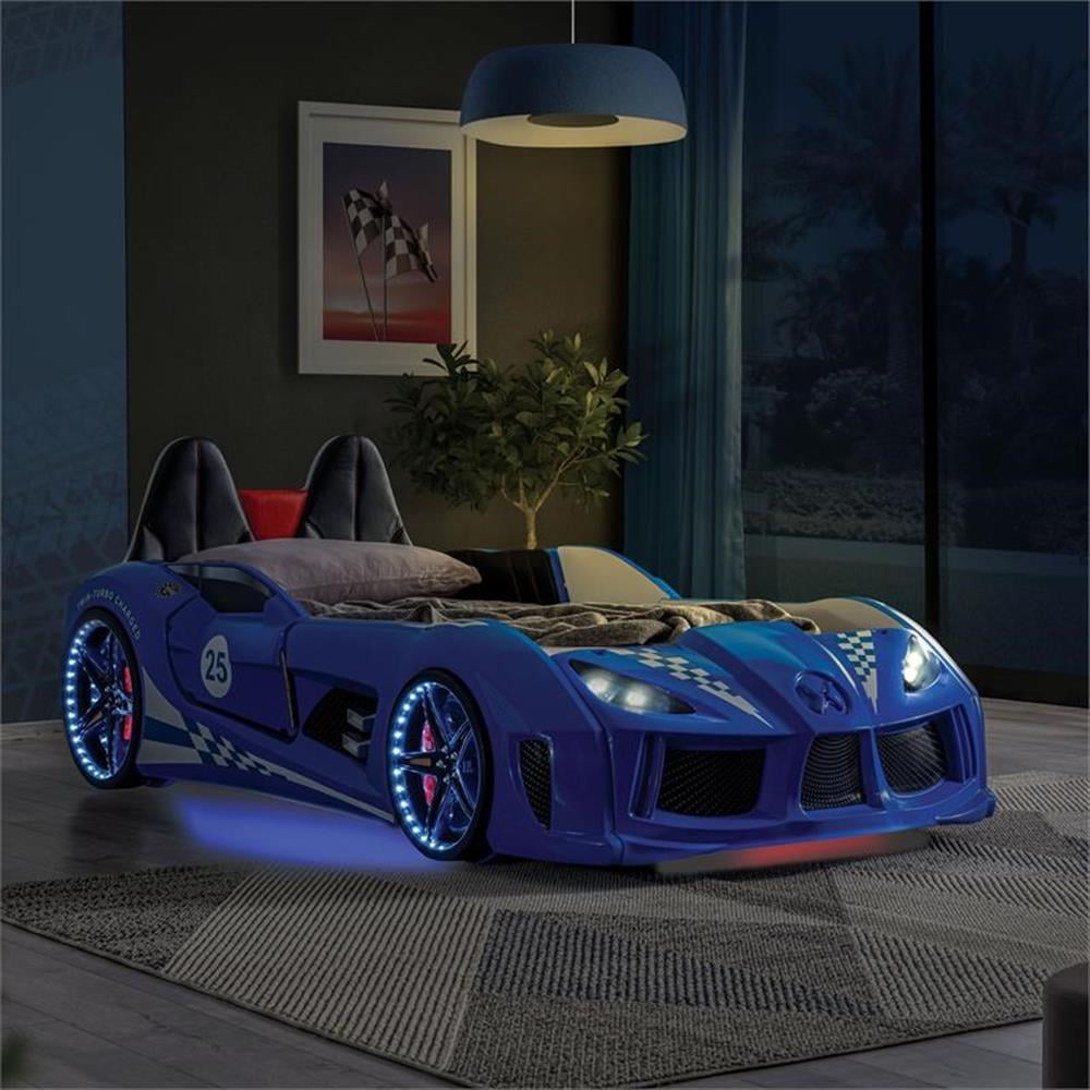 Furniture of America Sonet Plastic Twin Race Car Bed with LED Light in Blue