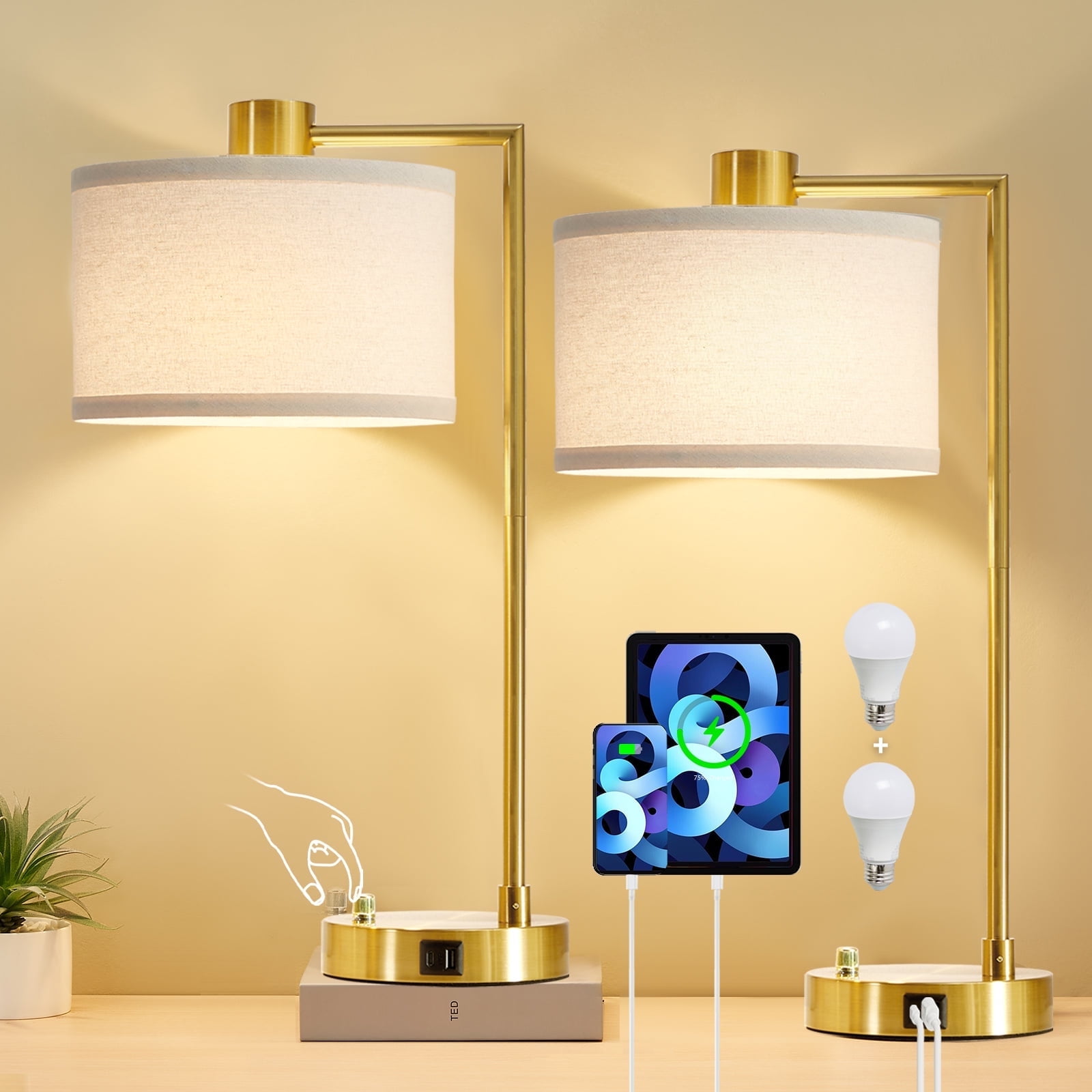 NATYSWAN Table Lamp for Bedroom Set of 2 with USB C+A Ports, Fully Stepless Dimmable Bedside Lamp with Linen Lampshade, Nightstand Lamp for Living Room Reading Office, 2 LED Bulbs Included (Gold)
