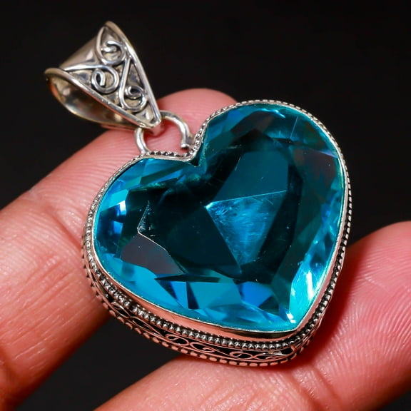 London Blue Topaz Gemstone Pendant Handmade Heart Shape Vintage Jewelry 1.90"