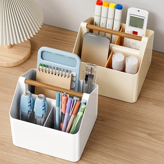 Large Capacity Desktop Organizer with Compartmentalized Pen Holders, Multi Mesh Storage Box for Office, Stationery, Remote, Sundry, White/Yellow, 17.7 x 16.5 x 16.5cm