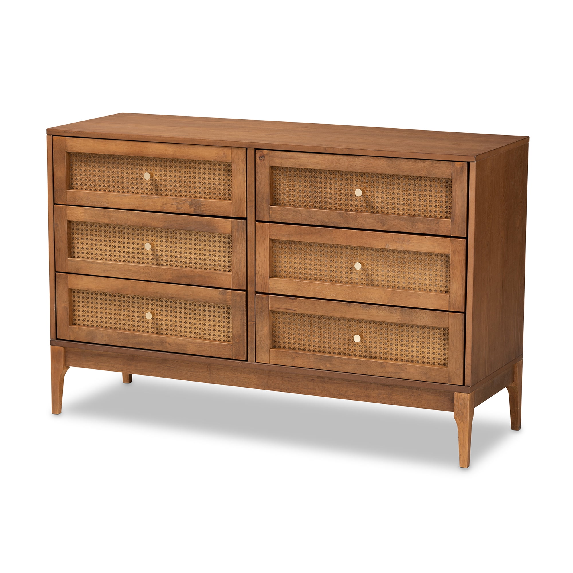 Baxton Studio Ramiel Mid-Century Modern Ash Walnut Finished Wood and Rattan 6-Drawer Dresser