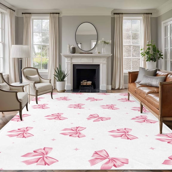 Area Rug for Living Room, Valentine's Day Non-Slip Indoor Ex Large Carpet for Bedroom/Dining Room, Pink Bows Shining Stars Simple Art Washable Low-Profile Rectangle Floor Runner Rugs - 8 x 10 Ft