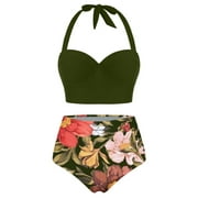 Koudehua Bikini Sets Swimsuit for Women Floral Print High Waist Crop Tops+Shorts Two Piece Swimwear Halter Tankini Bathing Suit